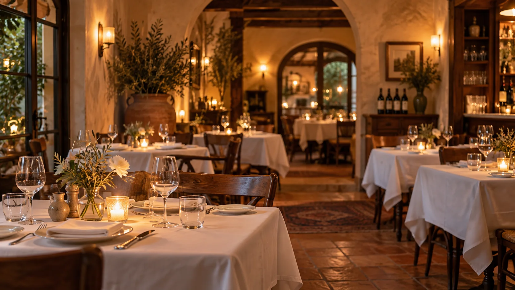 A warm Italian dining room with white linen tablecloths and candlelit tables