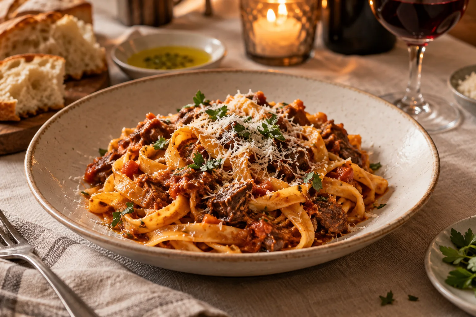 Handmade tagliatelle with slow-braised ragù, pecorino, and fresh herbs